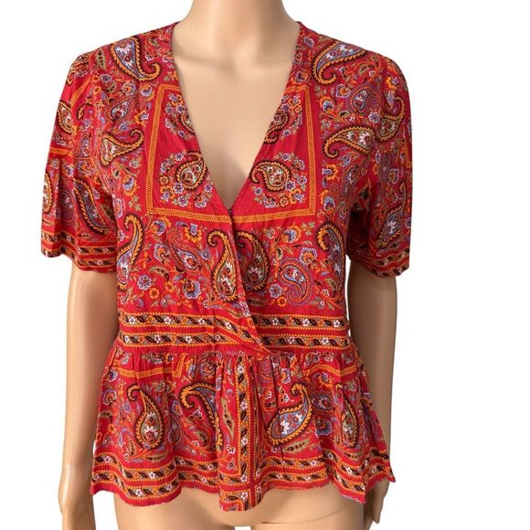 Madewell Crossover cotton blend Peplum Top In Fiesta Red Bandana Size S - Picture 2 of 7
